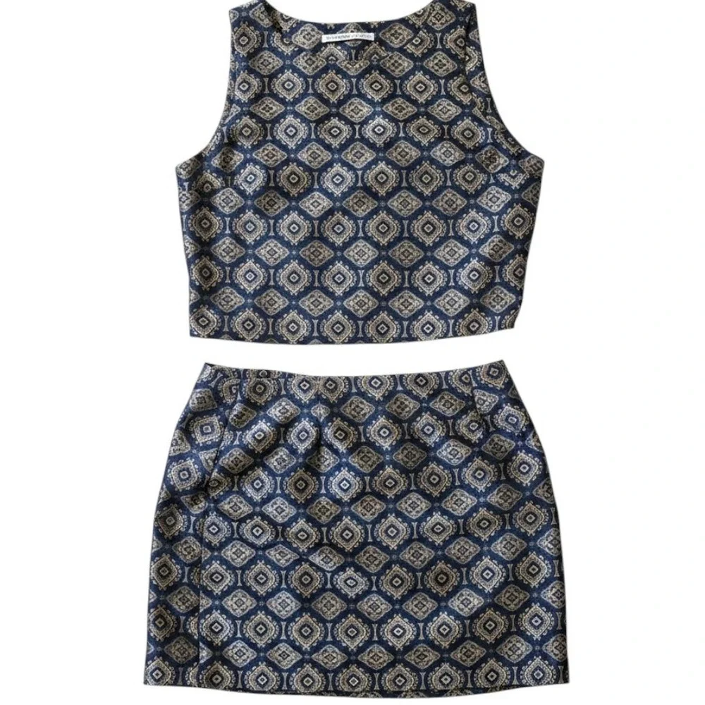 Jonathan Martin Vintage Brocade 2 Piece Set Crop Top Mini Skirt Navy Gold Sz 13